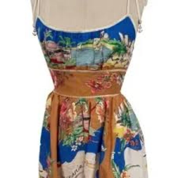 Christian Lacroix Alight Picnic nautical map blue linen blend midi dress size M - Picture 3 of 11